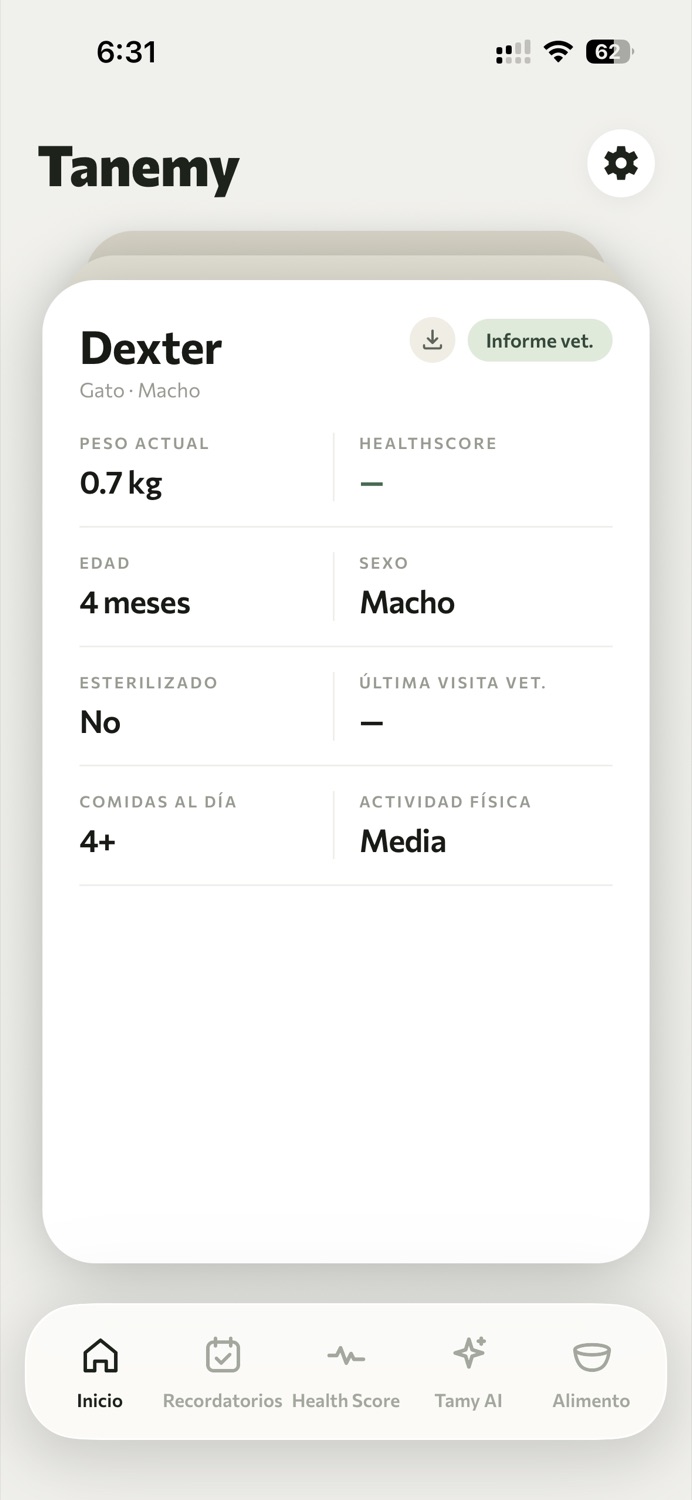 Ficha de Dexter con peso, edad, sexo, esterilización, comidas al día y actividad física